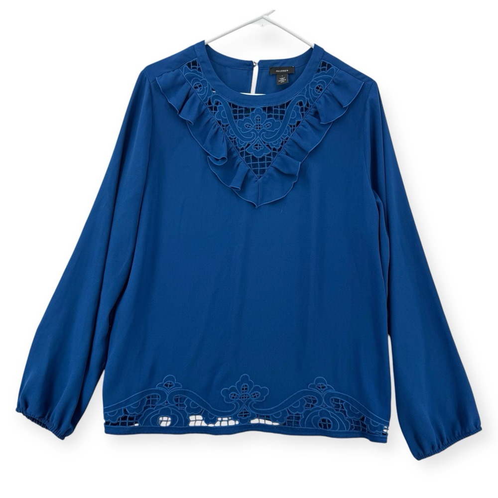 Halogen Lace Ruffle Trim Blouse Womens 1X Plus Blue Long Sleeve Sheer Hem NWT